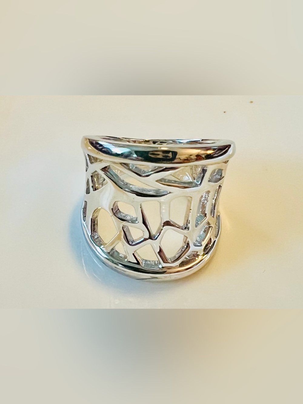 Elle 925 Sterling Silver Openwork Wide Band Ring with Ruby Accent